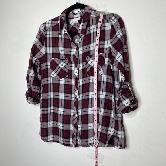 Soft Joie Eggplant Classic Plaid Double Pocket Roll Tab Sleeve Shirt Button SM - Picture 9 of 10